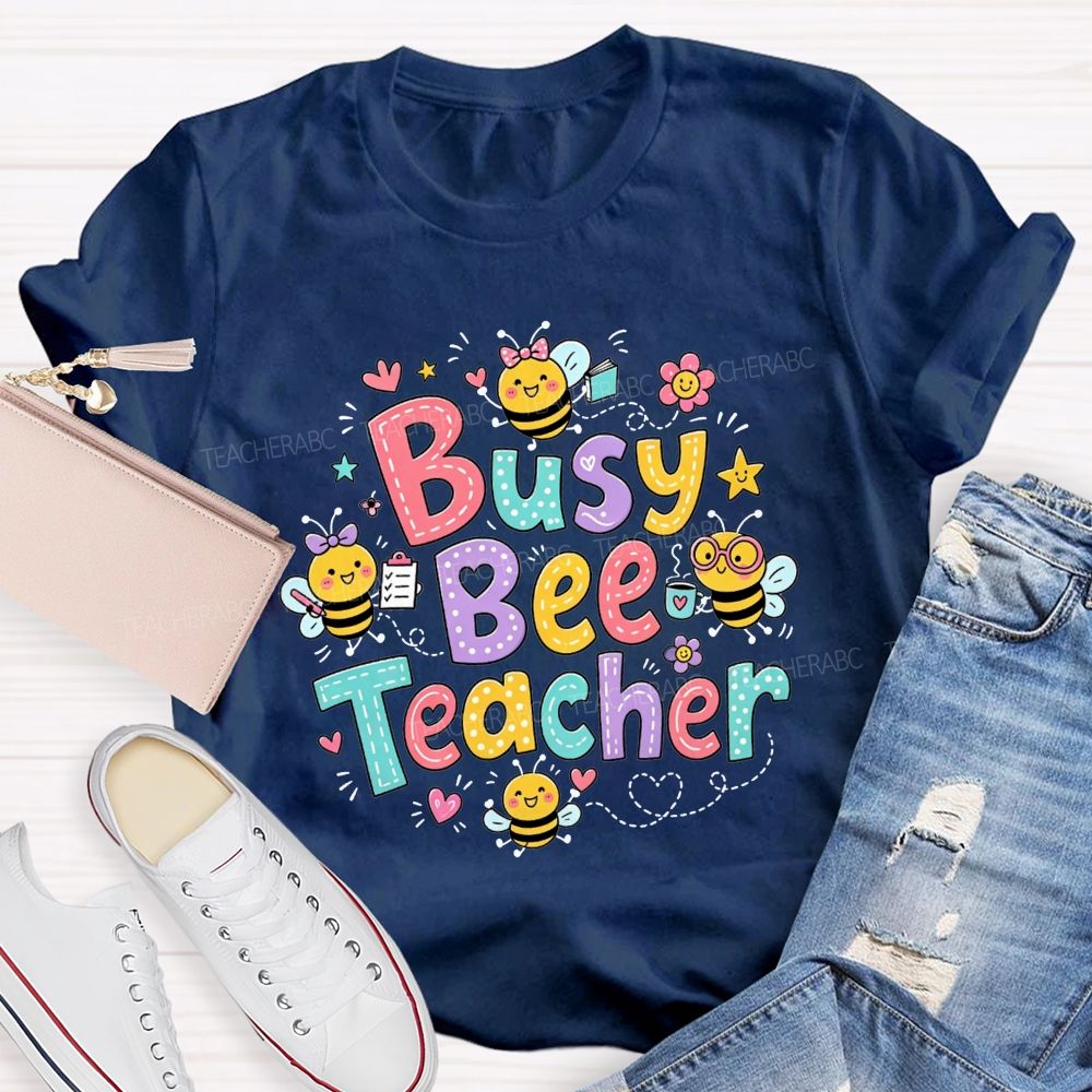 Busy Bee Teacher Cartoon Bees Colorful Floral Heart Teacher T-shirt