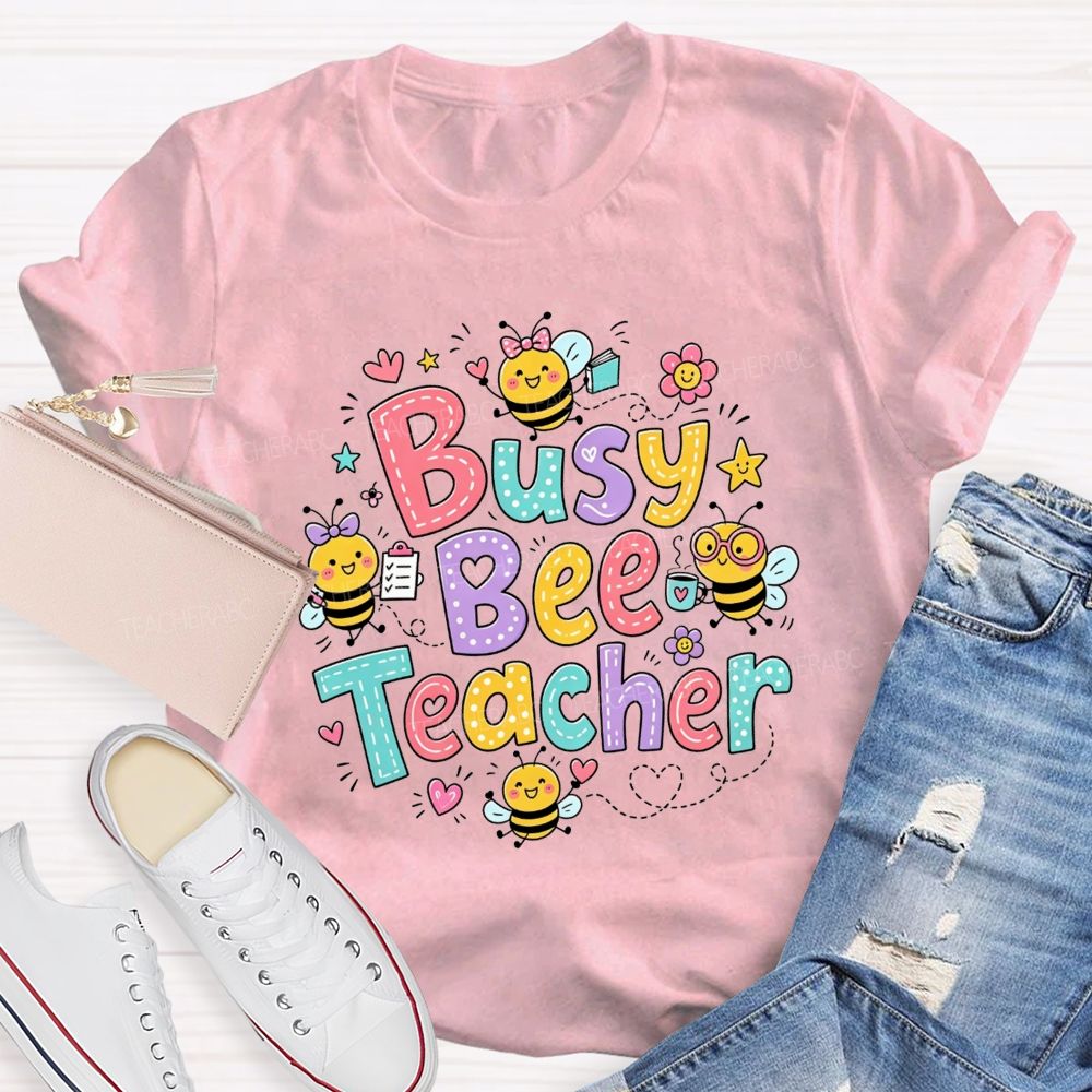 Busy Bee Teacher Cartoon Bees Colorful Floral Heart Teacher T-shirt