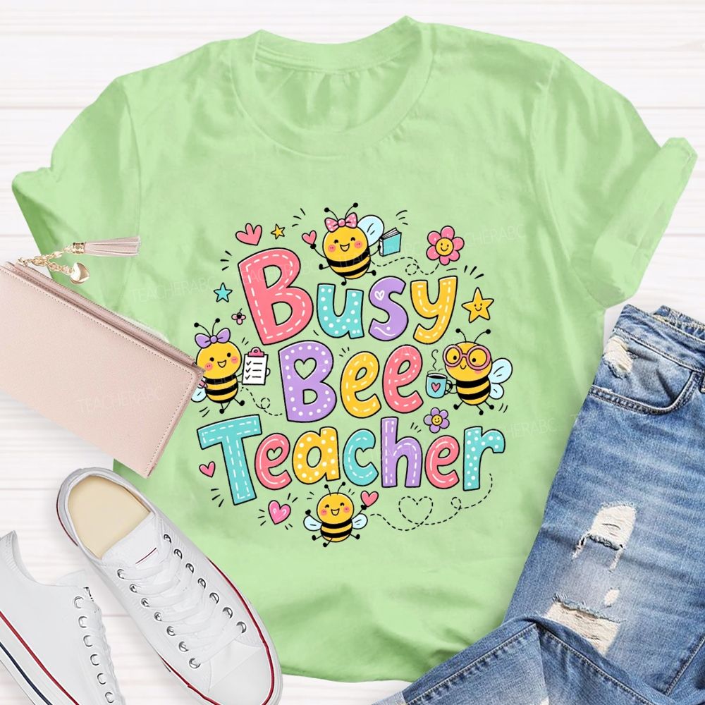 Busy Bee Teacher Cartoon Bees Colorful Floral Heart Teacher T-shirt