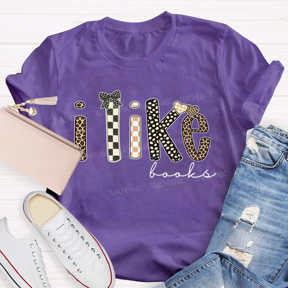 I Like Books Leopard Checkered Gingham Bow Heart Book Lover Teacher T-shirt