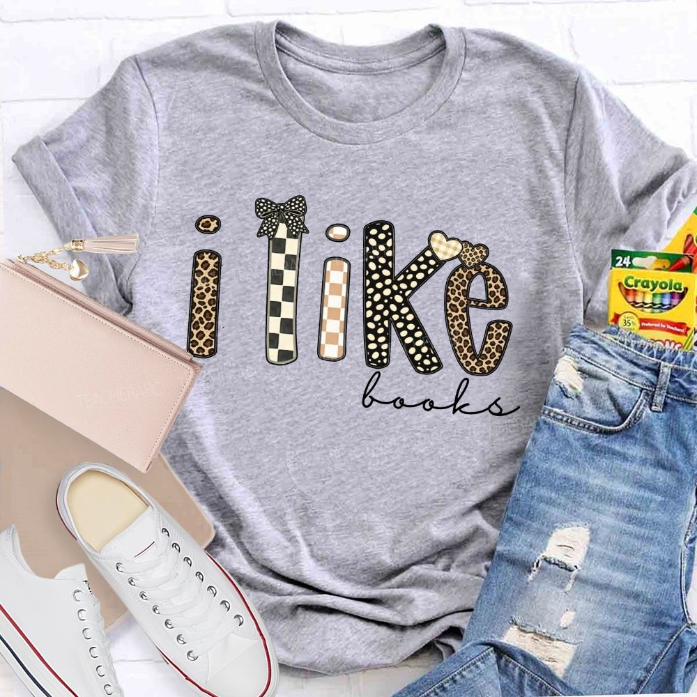 I Like Books Leopard Checkered Gingham Bow Heart Book Lover Teacher T-shirt