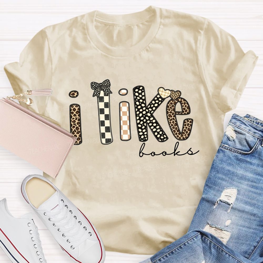 I Like Books Leopard Checkered Gingham Bow Heart Book Lover Teacher T-shirt