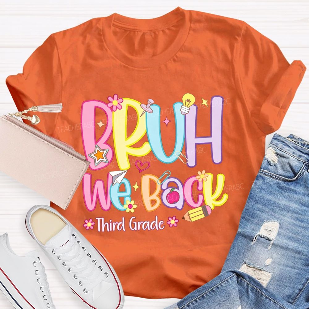 Personalized Grade Bruh We Back Apple Pencil Light Bulb Star Teacher T-shirt
