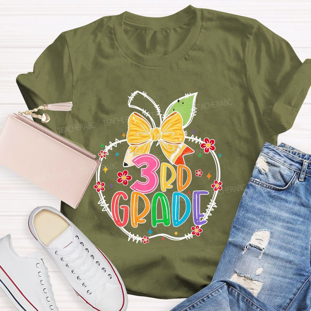 Personalized Grade 3rd Grade Apple Pencil Bow Floral Star Rainbow Teacher T-shirt