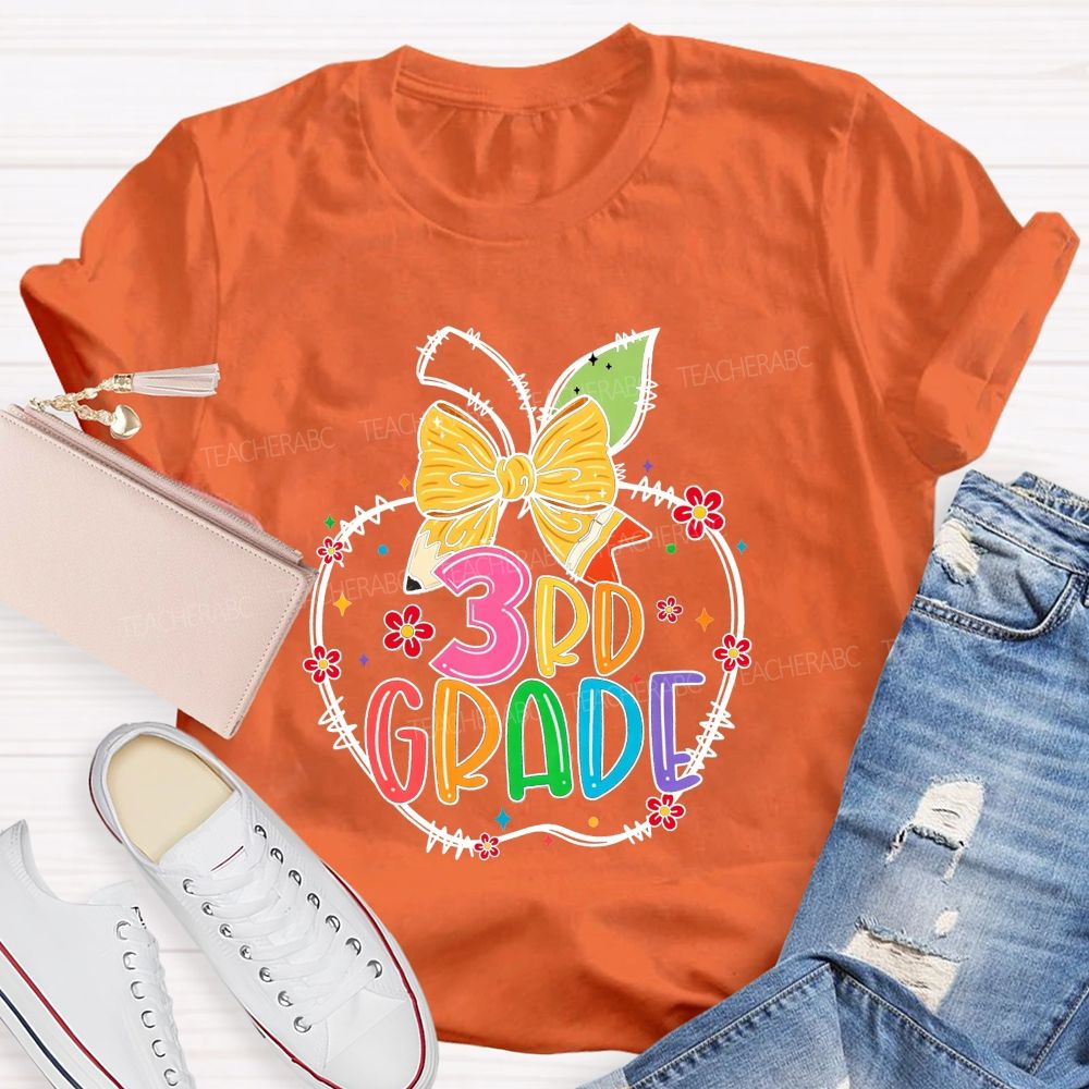 Personalized Grade 3rd Grade Apple Pencil Bow Floral Star Rainbow Teacher T-shirt