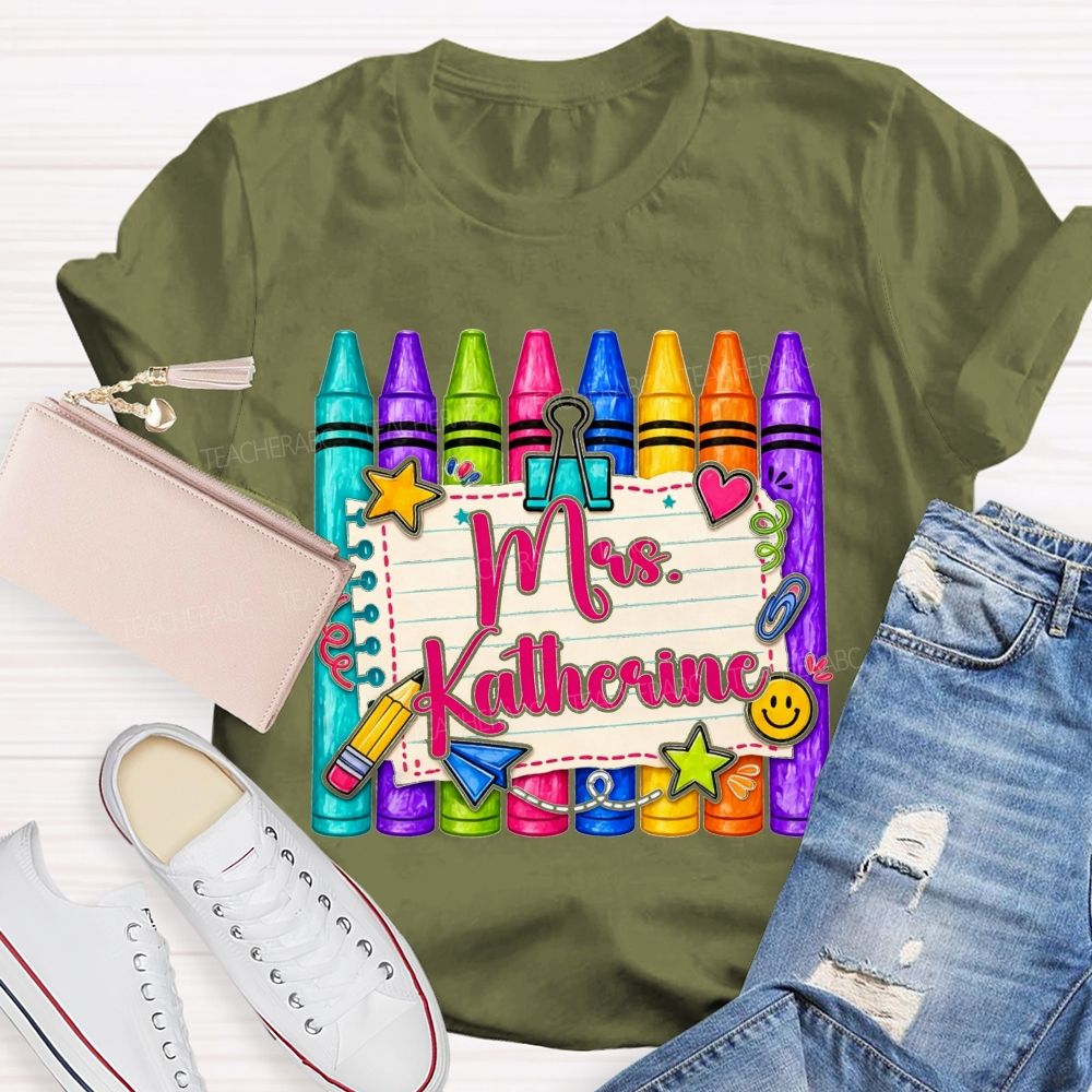 Personalized Name Colorful Crayon Notebook Doodle Teacher T-shirt