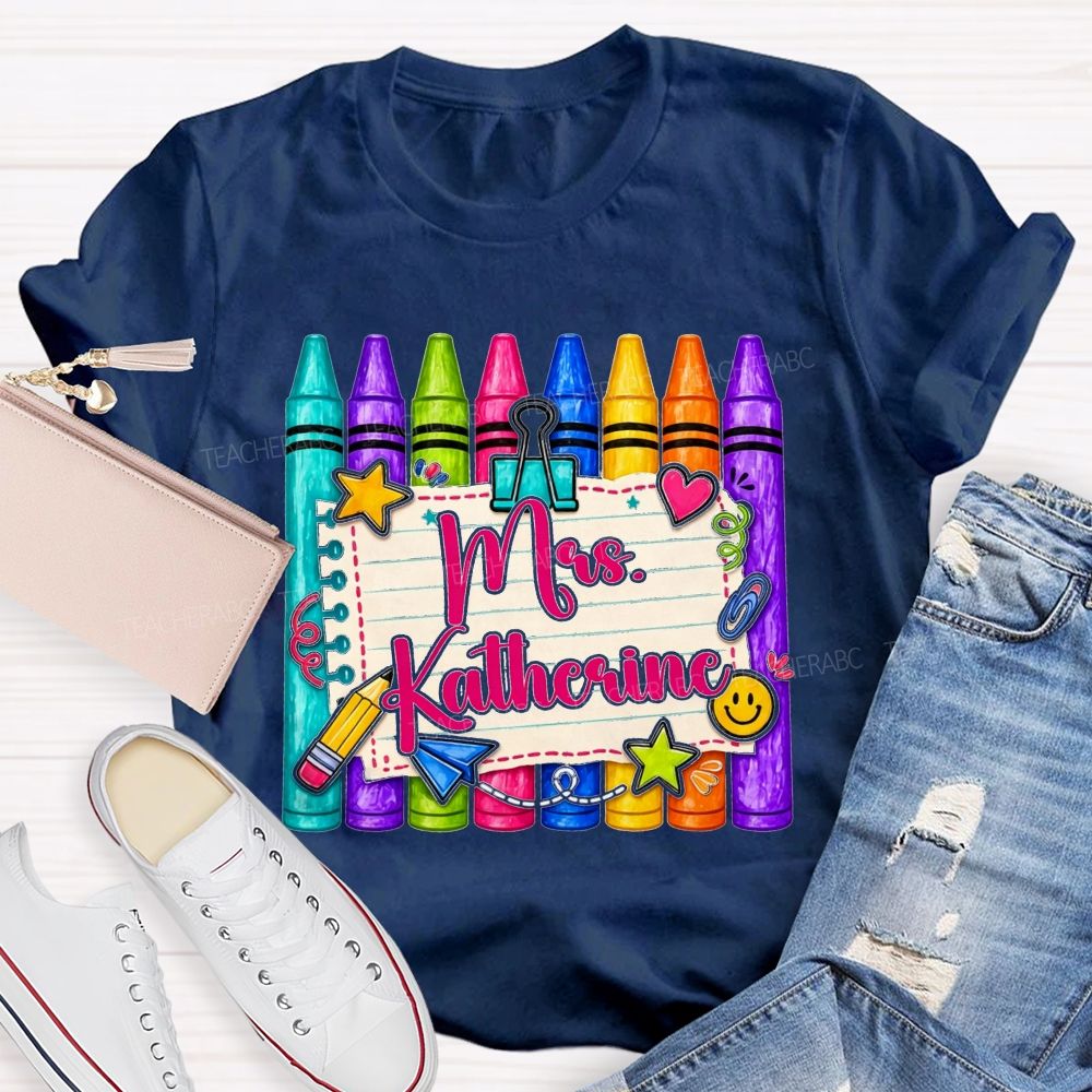 Personalized Name Colorful Crayon Notebook Doodle Teacher T-shirt