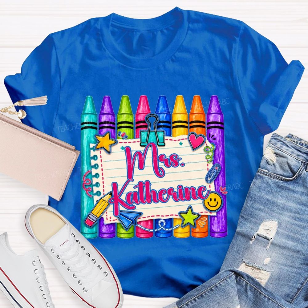 Personalized Name Colorful Crayon Notebook Doodle Teacher T-shirt
