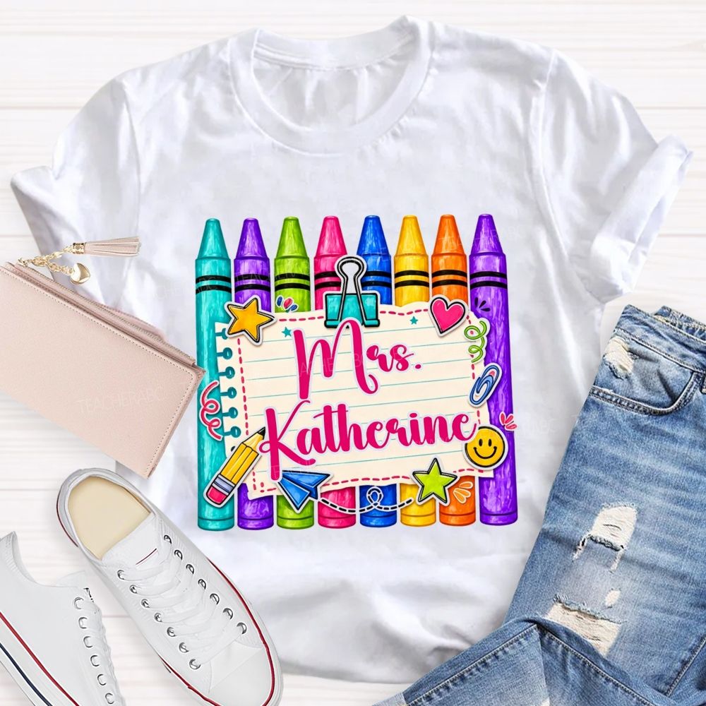 Personalized Name Colorful Crayon Notebook Doodle Teacher T-shirt