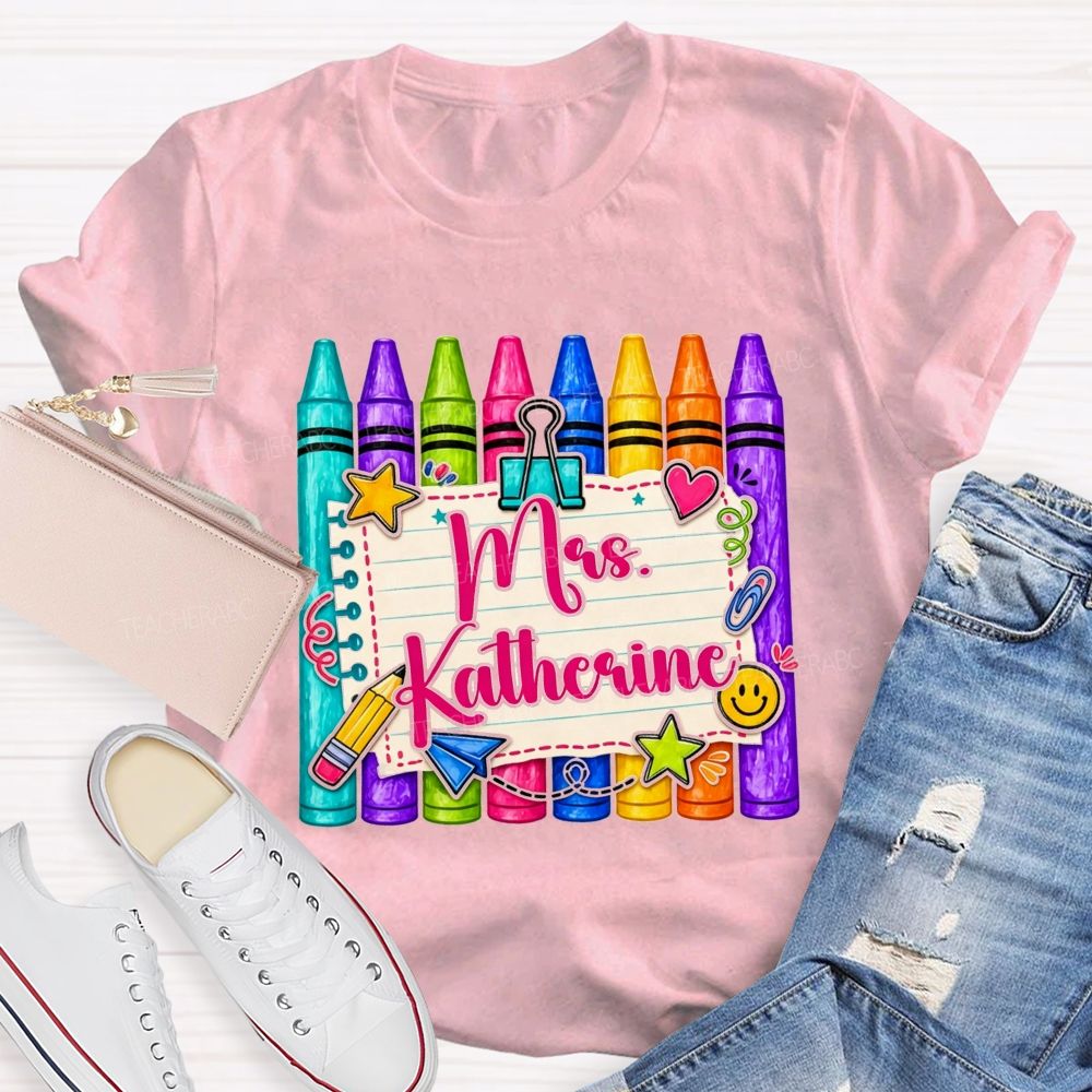 Personalized Name Colorful Crayon Notebook Doodle Teacher T-shirt