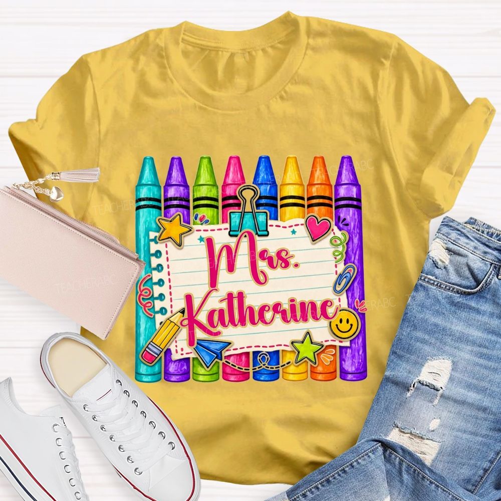 Personalized Name Colorful Crayon Notebook Doodle Teacher T-shirt
