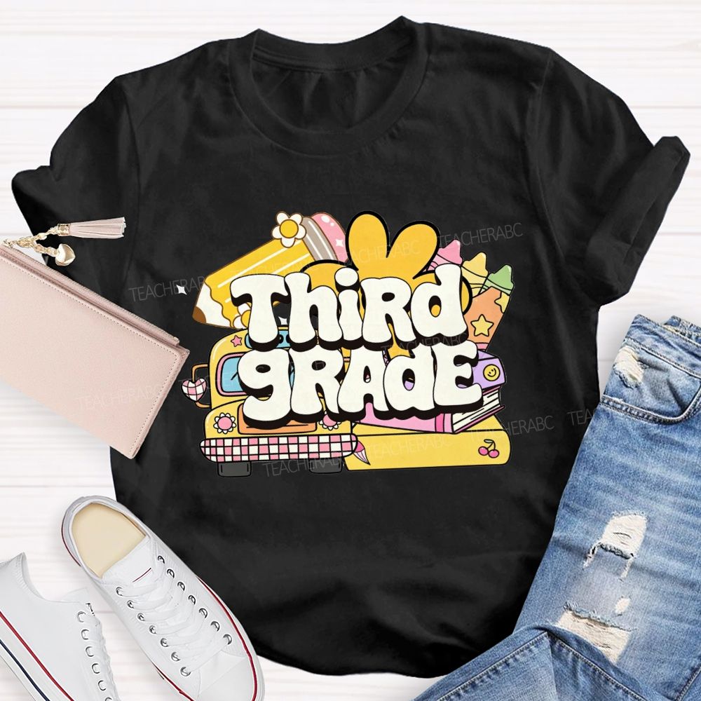 Personalized Grade Cartoon School Bus Stationery Doodle Teacher T-shirt