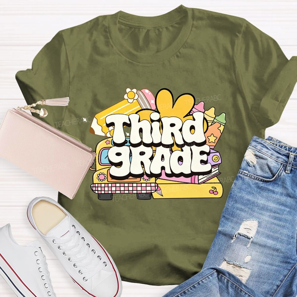 Personalized Grade Cartoon School Bus Stationery Doodle Teacher T-shirt