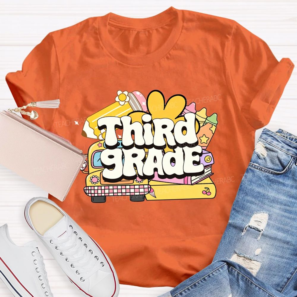 Personalized Grade Cartoon School Bus Stationery Doodle Teacher T-shirt