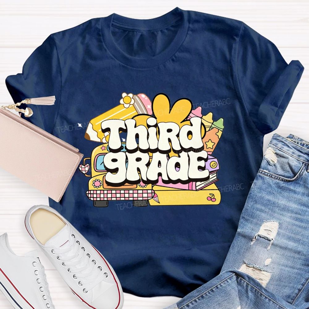 Personalized Grade Cartoon School Bus Stationery Doodle Teacher T-shirt