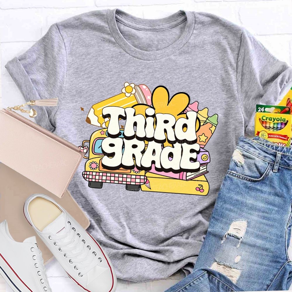Personalized Grade Cartoon School Bus Stationery Doodle Teacher T-shirt