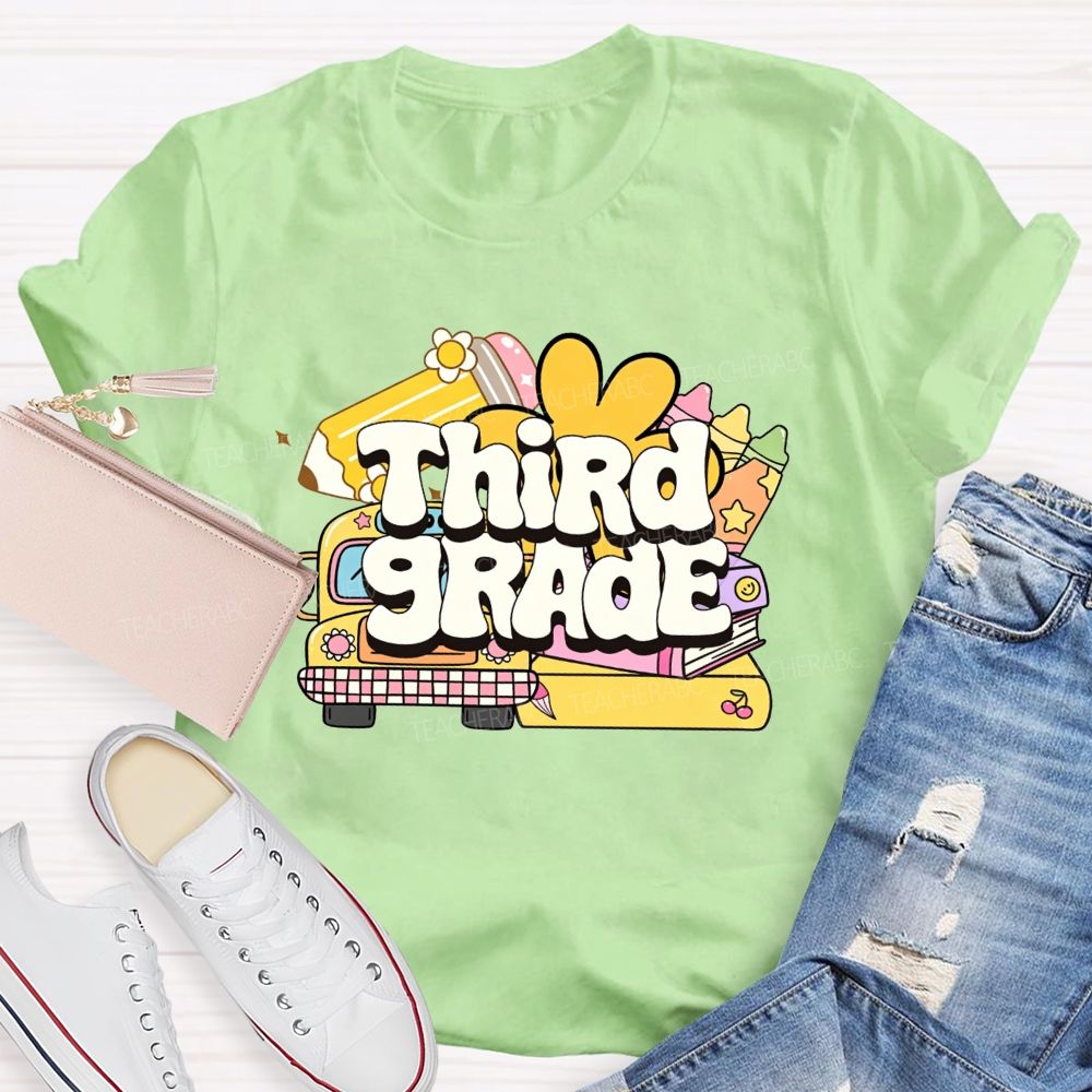 Personalized Grade Cartoon School Bus Stationery Doodle Teacher T-shirt