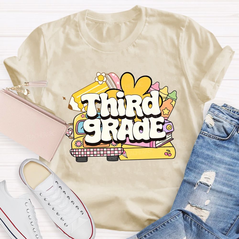Personalized Grade Cartoon School Bus Stationery Doodle Teacher T-shirt
