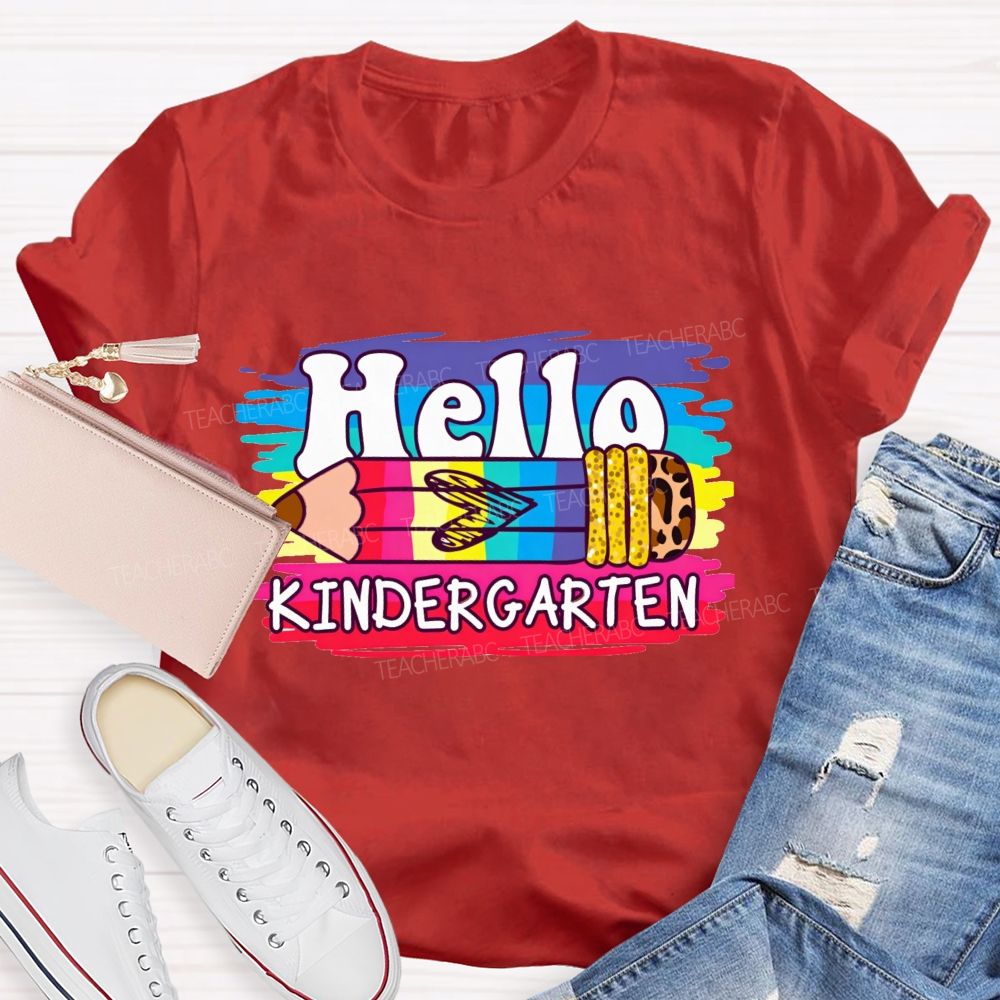 Personalized Grade Hello Kindergarten Colorful Leopard Pencil Teacher T-Shirt