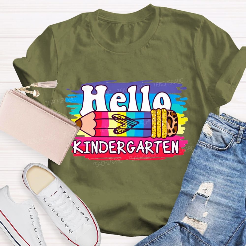 Personalized Grade Hello Kindergarten Colorful Leopard Pencil Teacher T-Shirt
