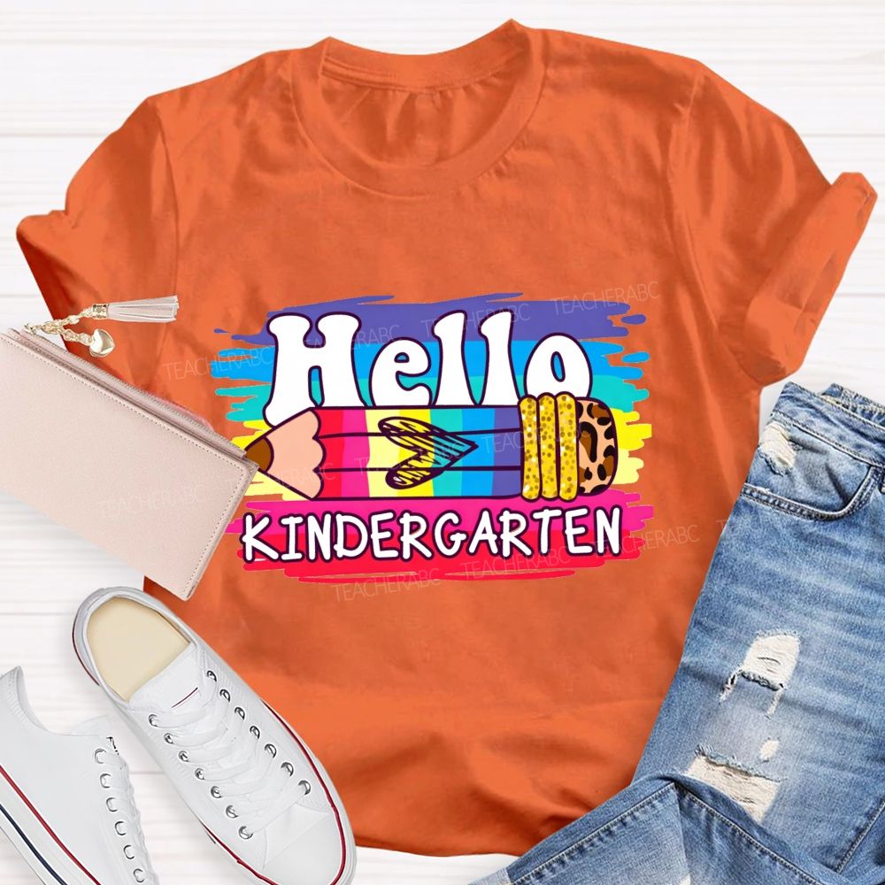 Personalized Grade Hello Kindergarten Colorful Leopard Pencil Teacher T-Shirt