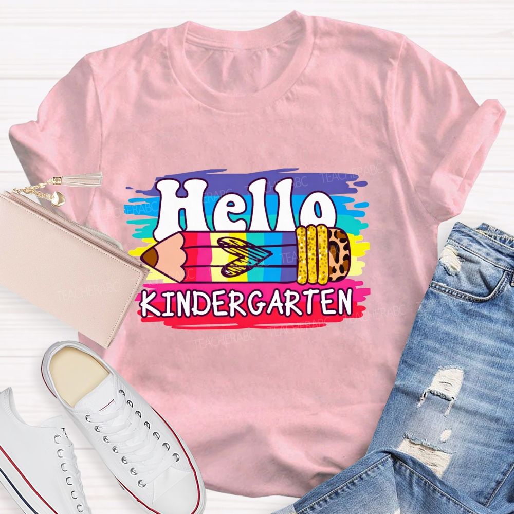 Personalized Grade Hello Kindergarten Colorful Leopard Pencil Teacher T-Shirt