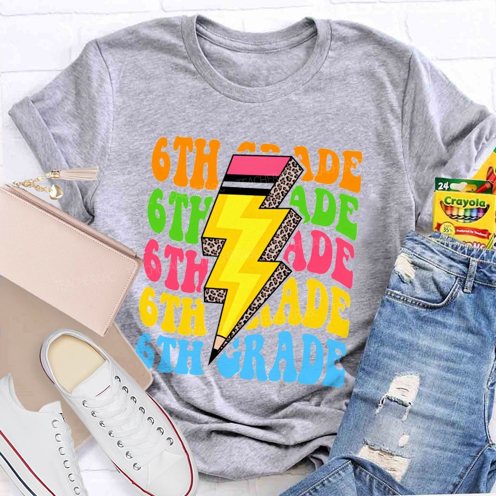 Personalized Grade Colorful Letters Leopard Pencil Back To School Teacher T-Shirt