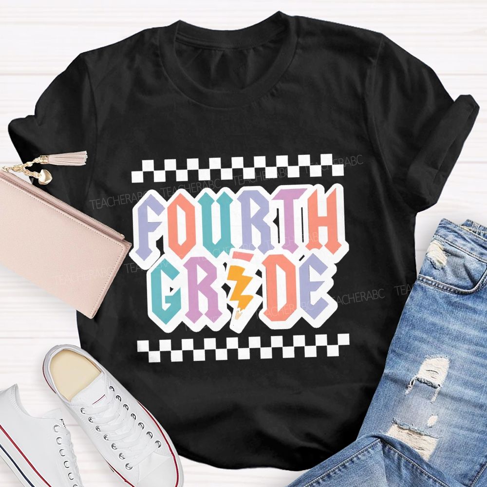 Personalized Grade Fourth Grade Teacher Retro Checkerboard Teacher T-Shirt