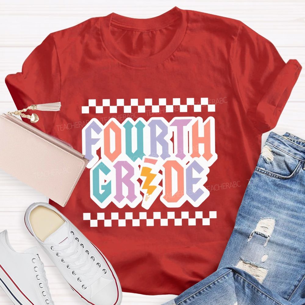 Personalized Grade Fourth Grade Teacher Retro Checkerboard Teacher T-Shirt