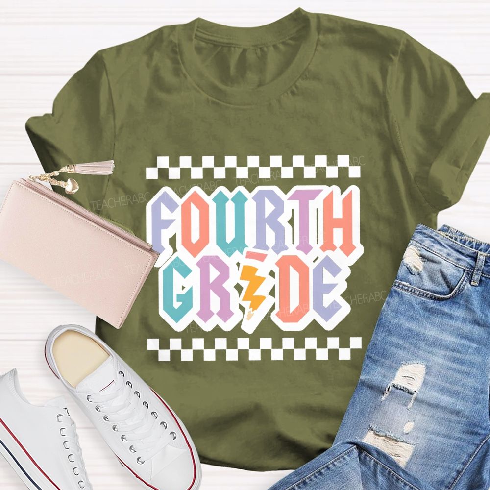 Personalized Grade Fourth Grade Teacher Retro Checkerboard Teacher T-Shirt