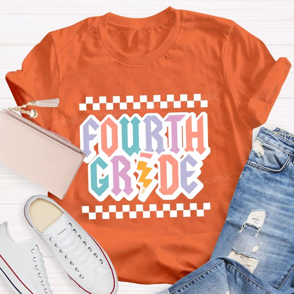 Personalized Grade Fourth Grade Teacher Retro Checkerboard Teacher T-Shirt