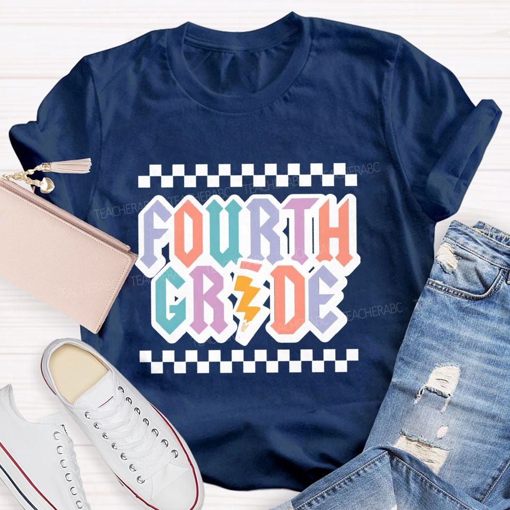 Personalized Grade Fourth Grade Teacher Retro Checkerboard Teacher T-Shirt