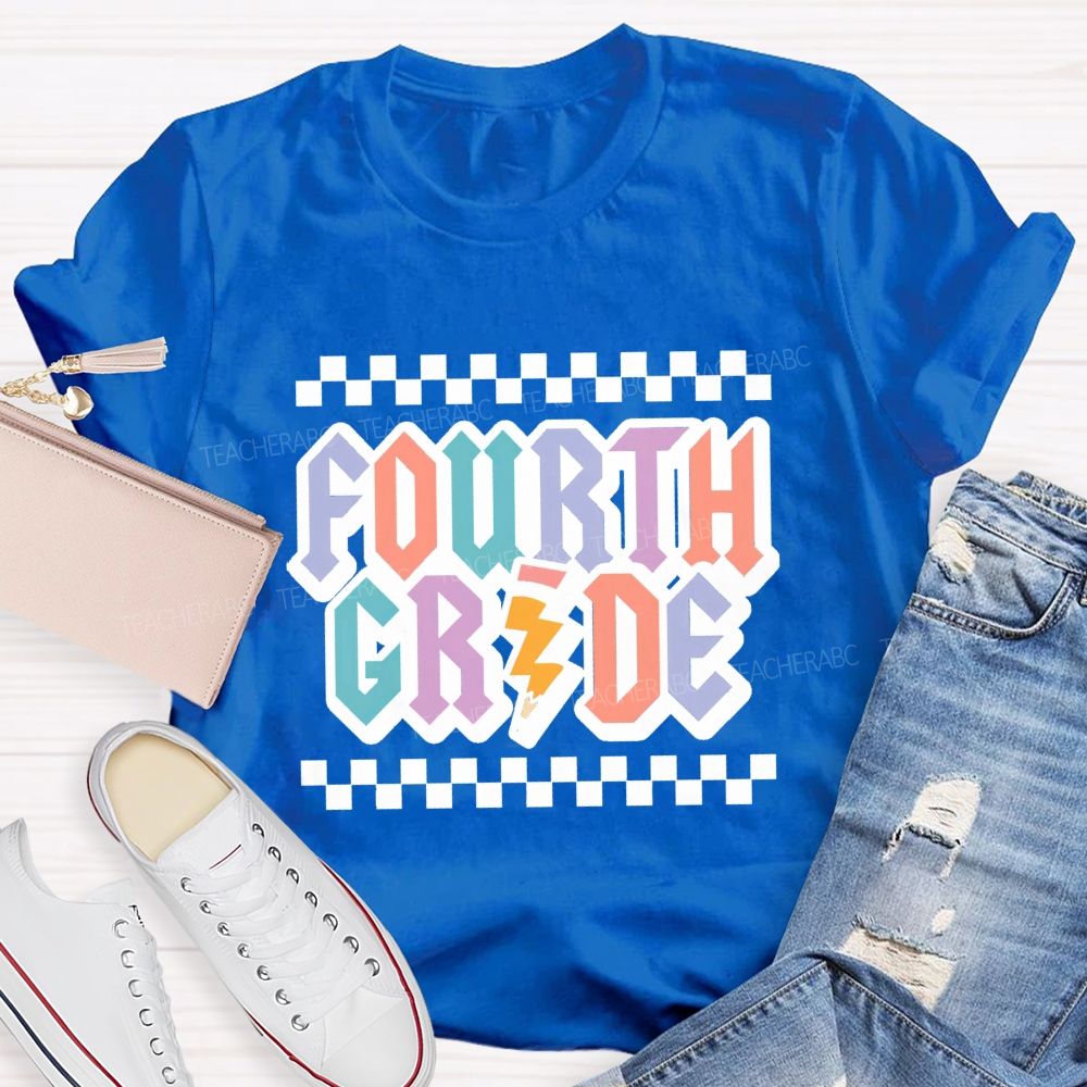 Personalized Grade Fourth Grade Teacher Retro Checkerboard Teacher T-Shirt