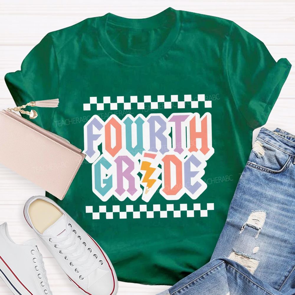 Personalized Grade Fourth Grade Teacher Retro Checkerboard Teacher T-Shirt