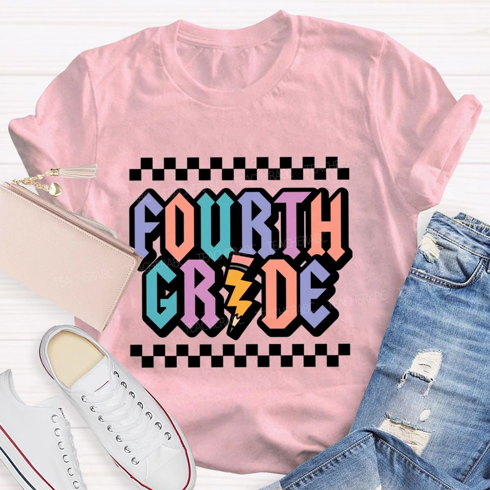 Personalized Grade Fourth Grade Teacher Retro Checkerboard Teacher T-Shirt