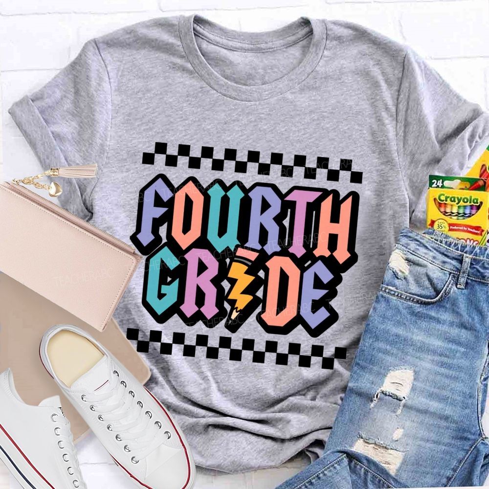 Personalized Grade Fourth Grade Teacher Retro Checkerboard Teacher T-Shirt