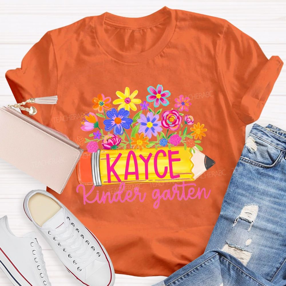 Personalized Grade And Name Floral Pencil Back To School Teacher T-Shirt