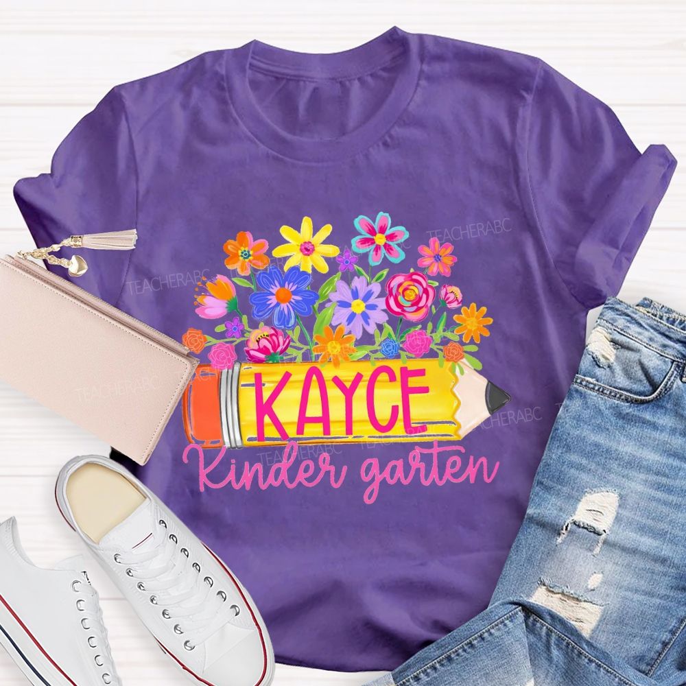 Personalized Grade And Name Floral Pencil Back To School Teacher T-Shirt