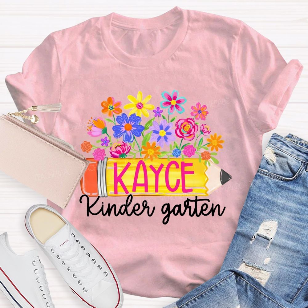 Personalized Grade And Name Floral Pencil Back To School Teacher T-Shirt