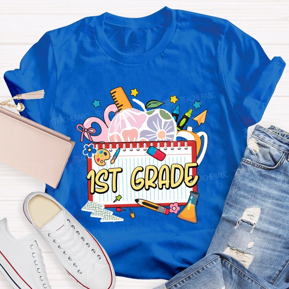 Personalized Grade Floral Apple-Style Colorful Notebook Teacher T-Shirt