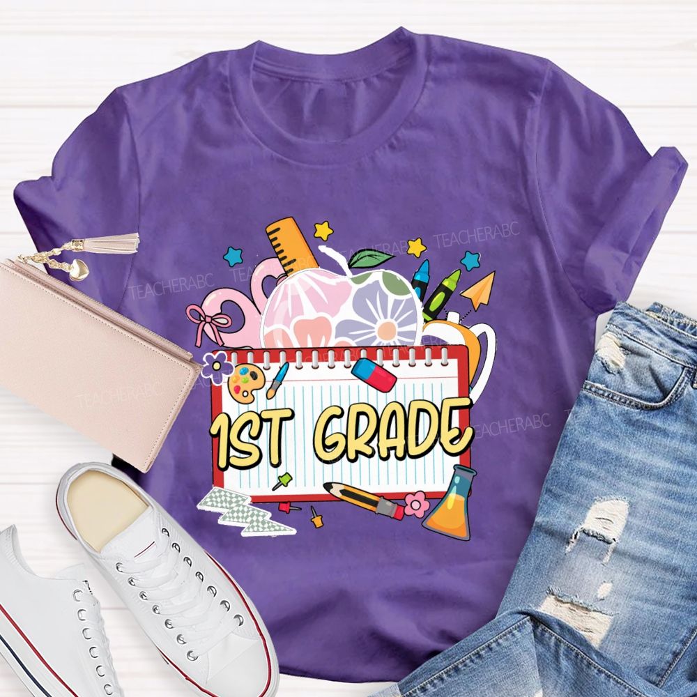 Personalized Grade Floral Apple-Style Colorful Notebook Teacher T-Shirt