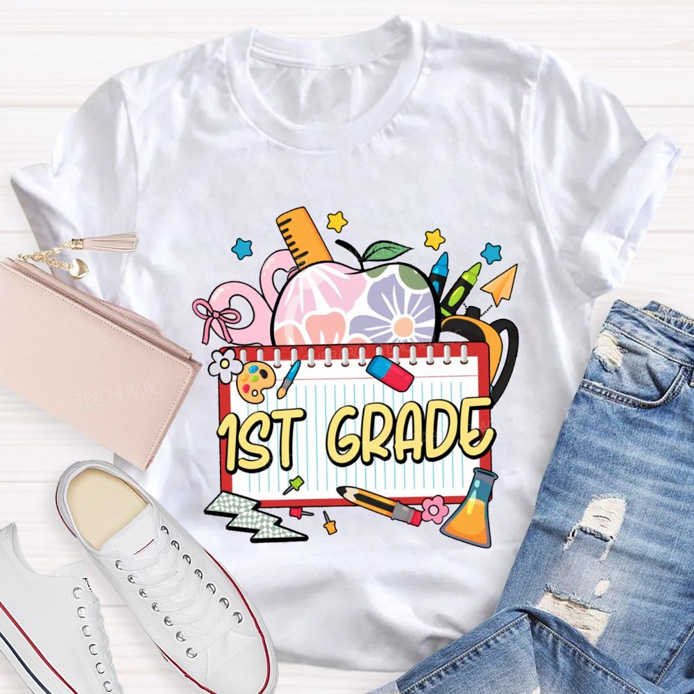 Personalized Grade Floral Apple-Style Colorful Notebook Teacher T-Shirt