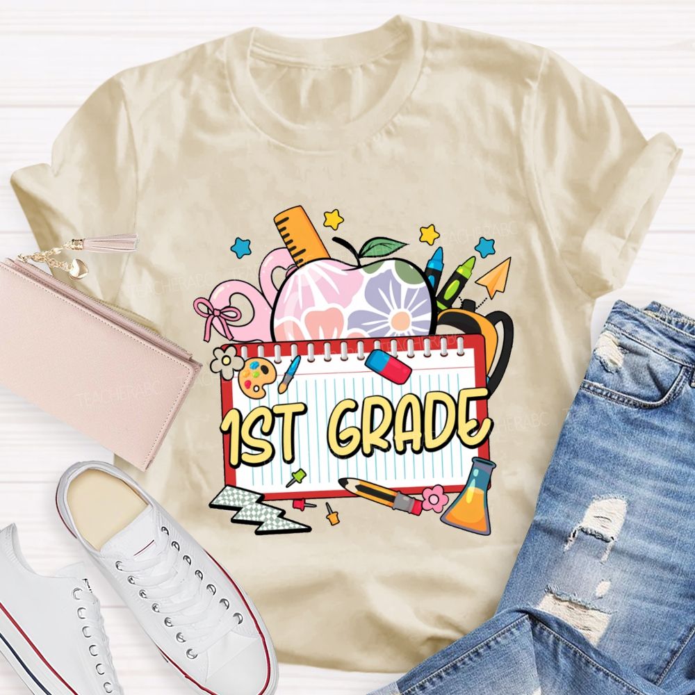 Personalized Grade Floral Apple-Style Colorful Notebook Teacher T-Shirt