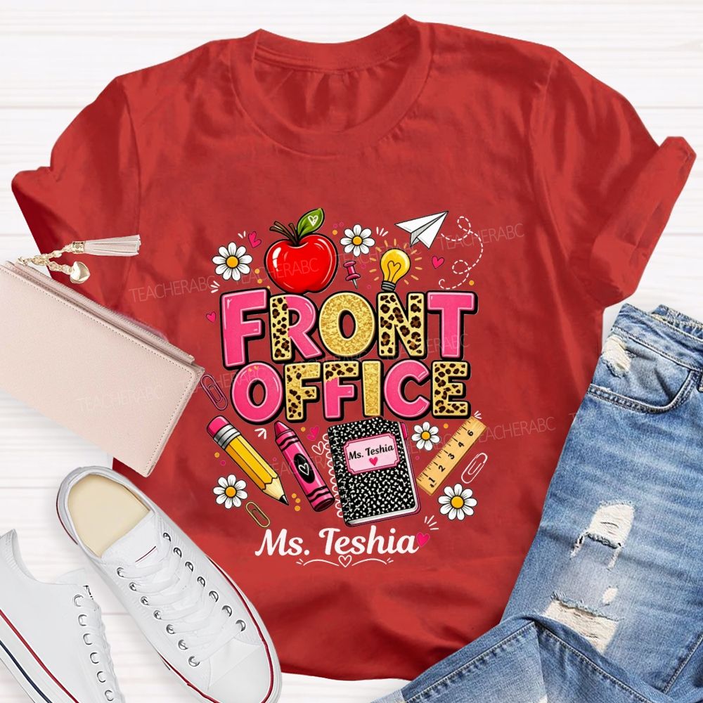 Personalized Name Front Office Leopard Gold Glitter School Supply T-shirt