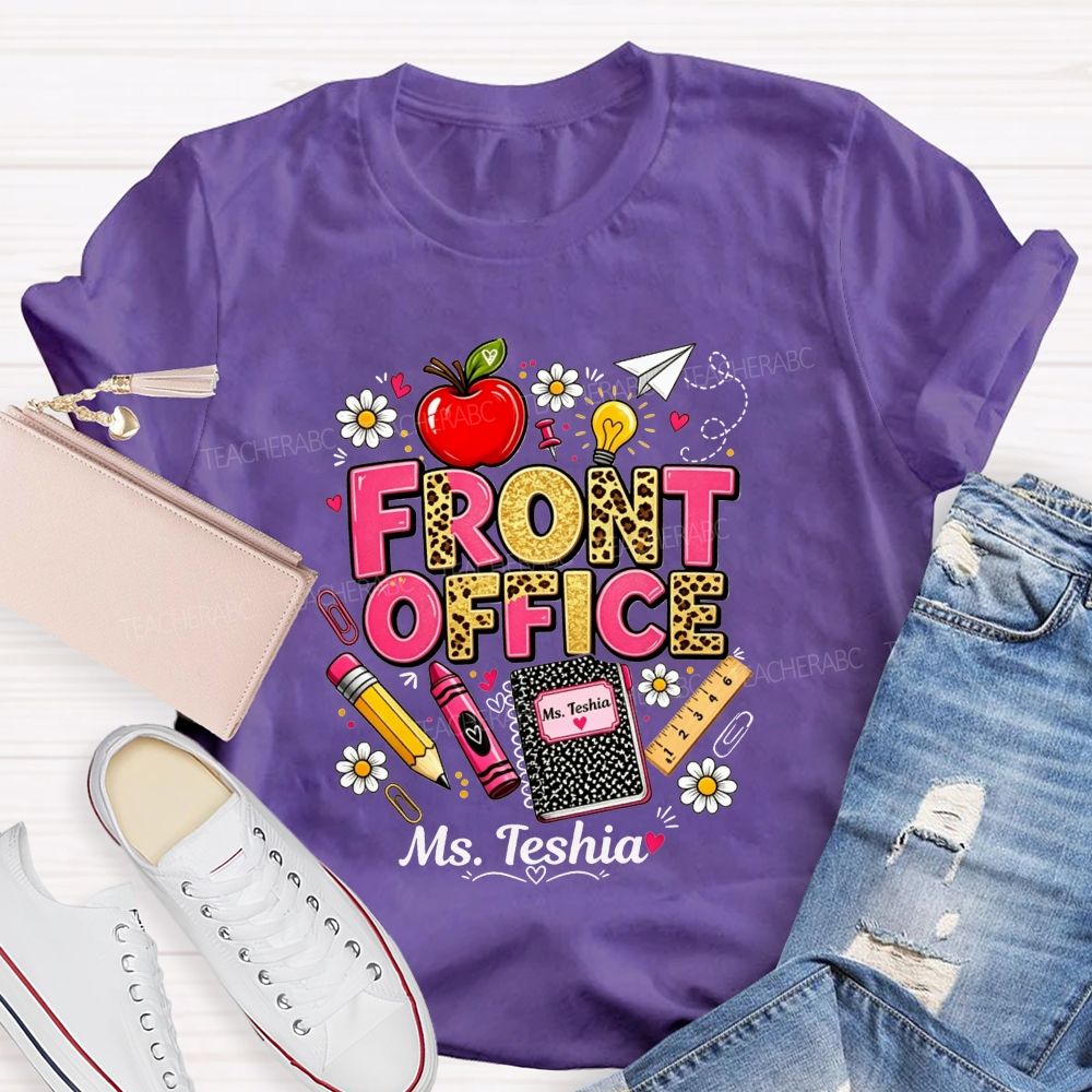Personalized Name Front Office Leopard Gold Glitter School Supply T-shirt