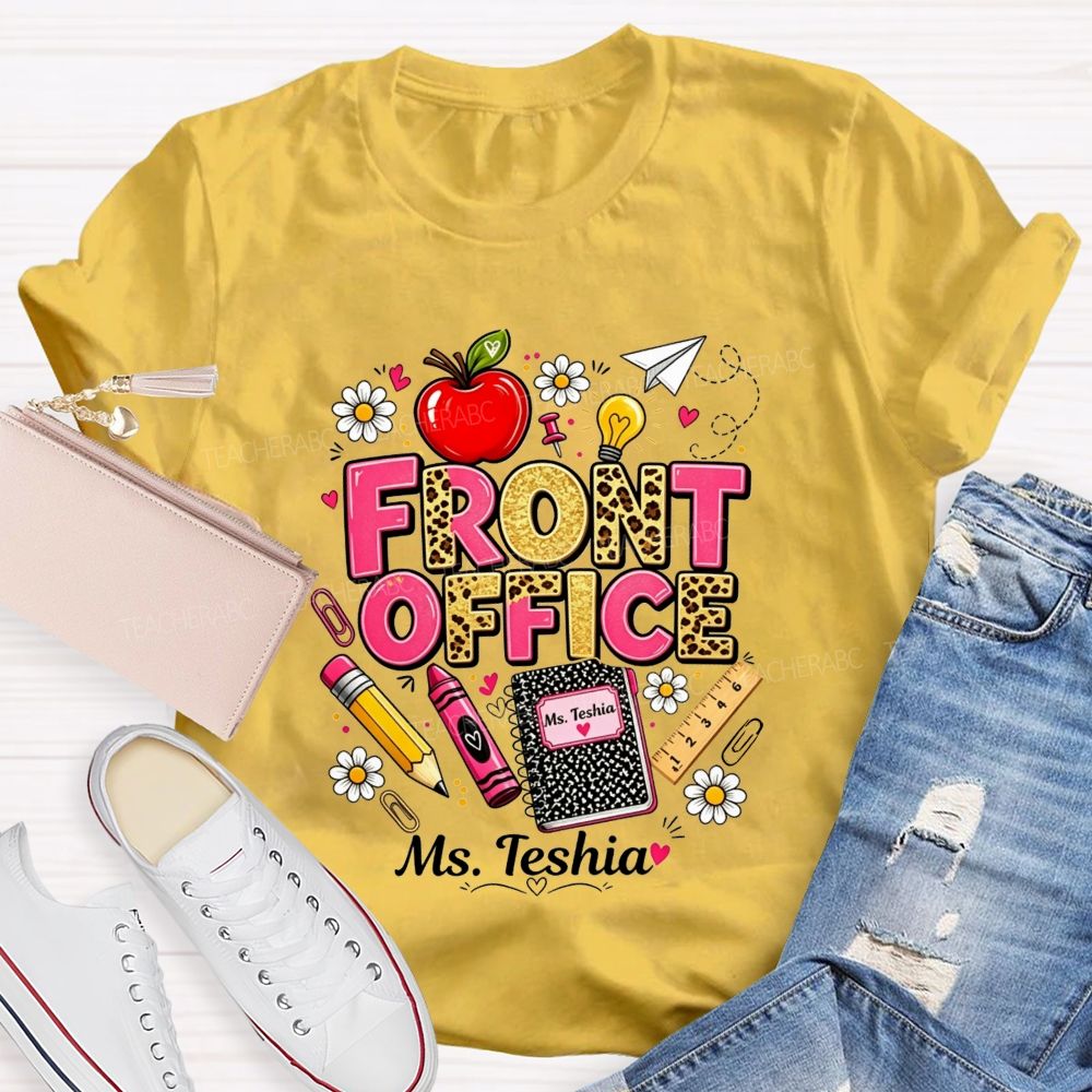 Personalized Name Front Office Leopard Gold Glitter School Supply T-shirt