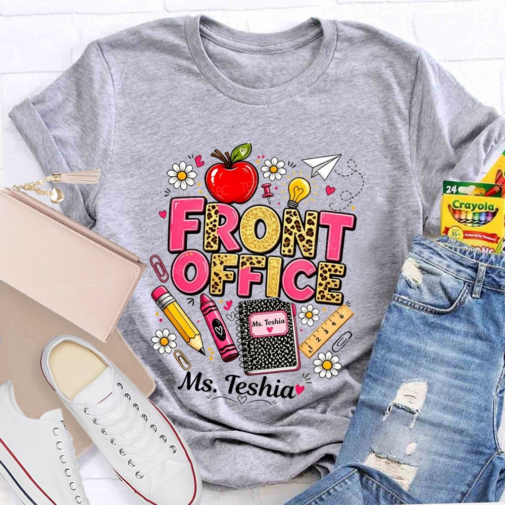 Personalized Name Front Office Leopard Gold Glitter School Supply T-shirt