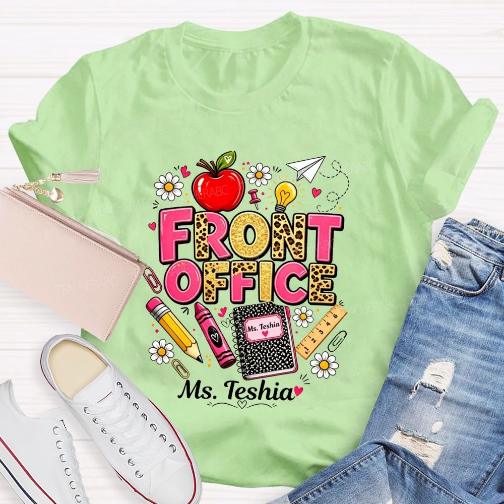 Personalized Name Front Office Leopard Gold Glitter School Supply T-shirt