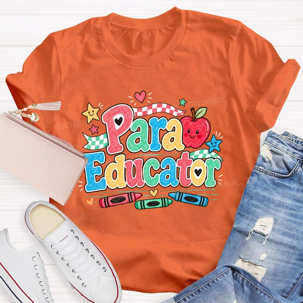 Para Educator Checkerboard Ribbon Crayon Apple Teacher T-shirt