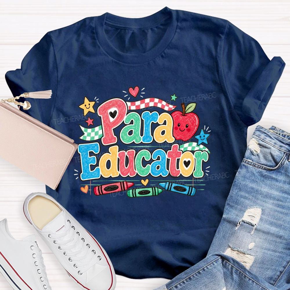 Para Educator Checkerboard Ribbon Crayon Apple Teacher T-shirt